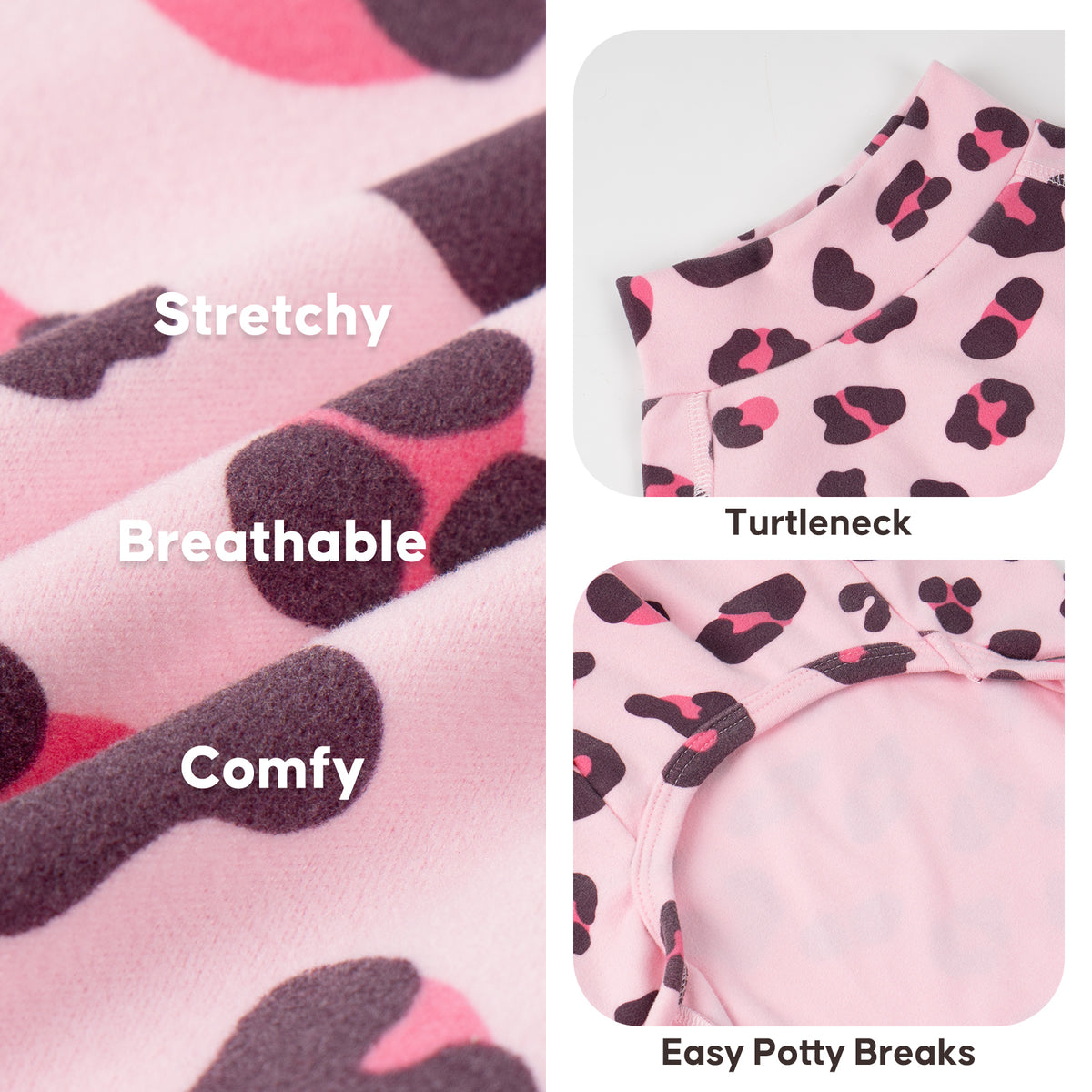 Pink Leopard Turtleneck Dog Onesie Pajamas, turtleneck, stretchy fabric and potty opening details