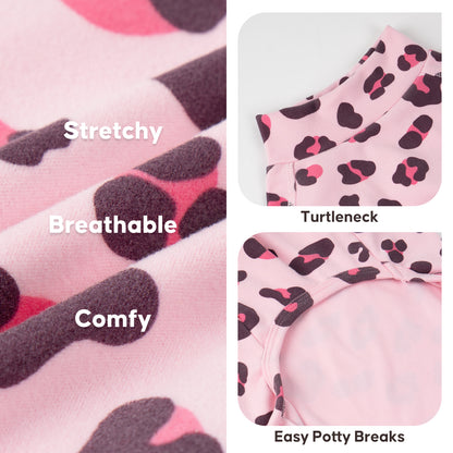 Pink Leopard Turtleneck Dog Onesie Pajamas, turtleneck, stretchy fabric and potty opening details