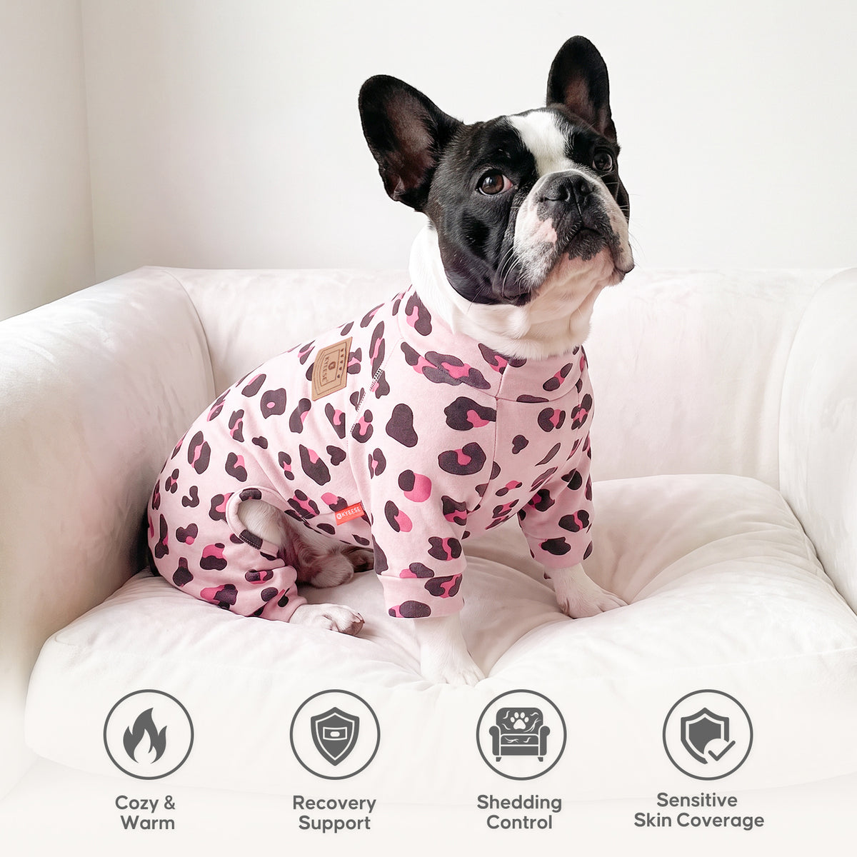 Pink Leopard Turtleneck Dog Onesie Pajamas, dog wearing the pajamas at home