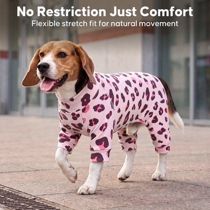 Pink Leopard Turtleneck Dog Onesie Pajamas, dog walking outdoors in the pajamas