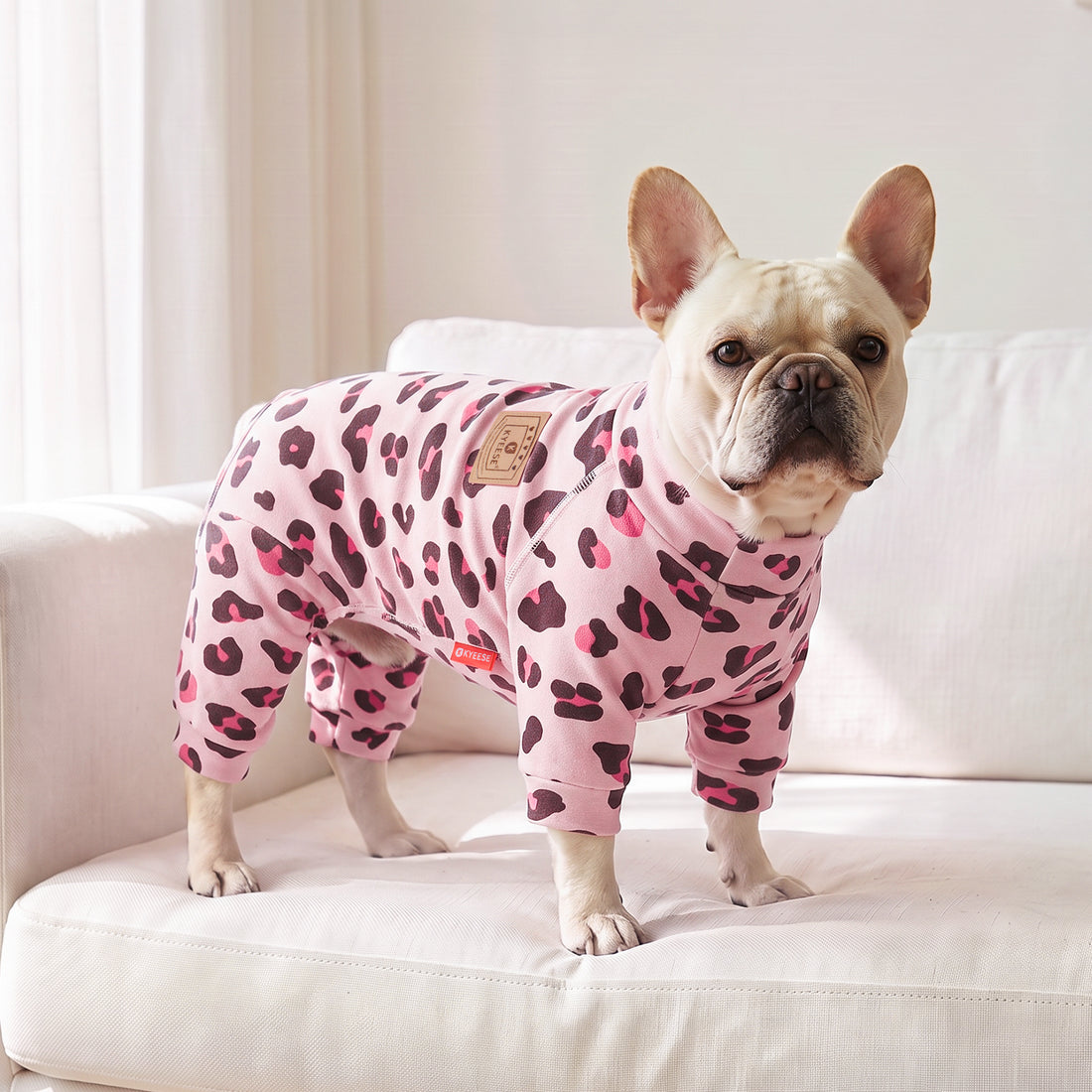 Pink Leopard Turtleneck Dog Onesie Pajamas, small dog wearing the pajamas indoors