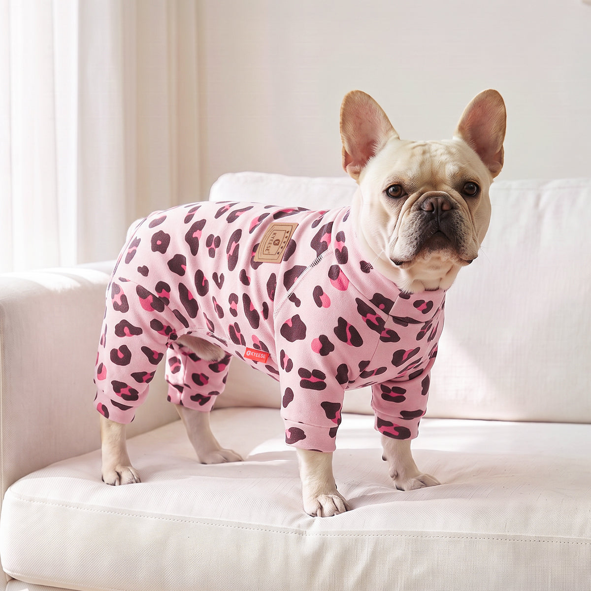 Pink Leopard Turtleneck Dog Onesie Pajamas, small dog wearing the pajamas indoors