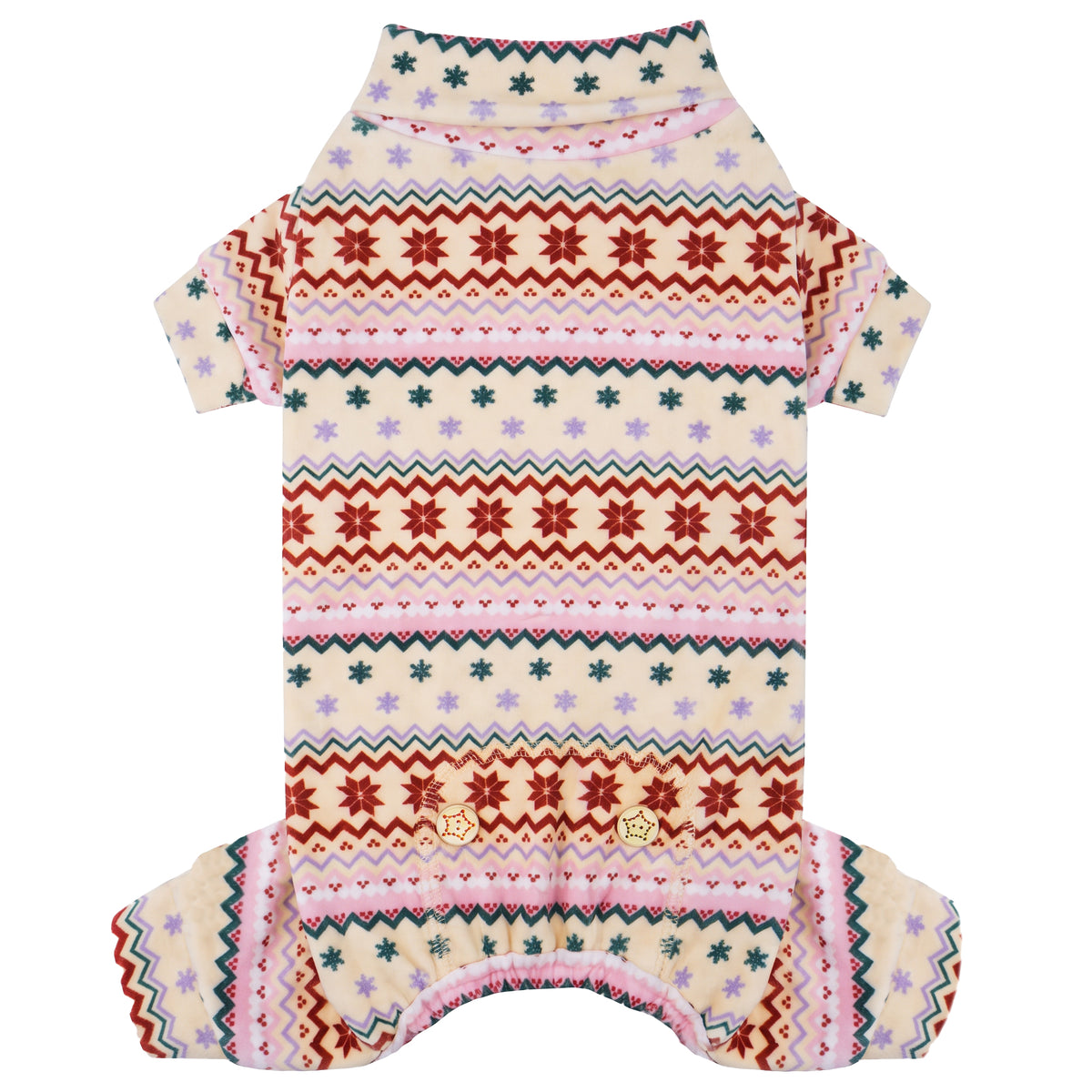 Pink Snowflake Dog Christmas Pajamas, cream and pink Fair Isle snowflake pattern, four-leg pajama flat lay
