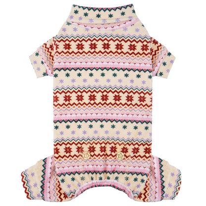 Pink Snowflake Dog Christmas Pajamas, cream and pink Fair Isle snowflake pattern, four-leg pajama flat lay