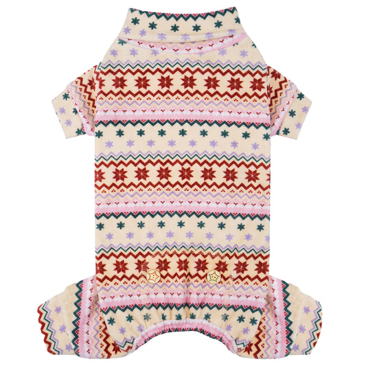 Pink Snowflake Dog Christmas Pajamas, cream and pink Fair Isle snowflake pattern, four-leg pajama flat lay