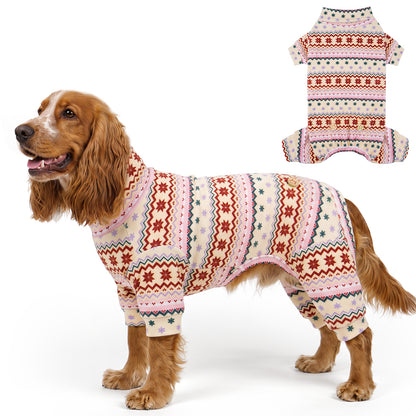 Pink Snowflake Dog Christmas Pajamas, cream and pink Fair Isle snowflake pattern, dog wearing the four-leg pajamas on a white background