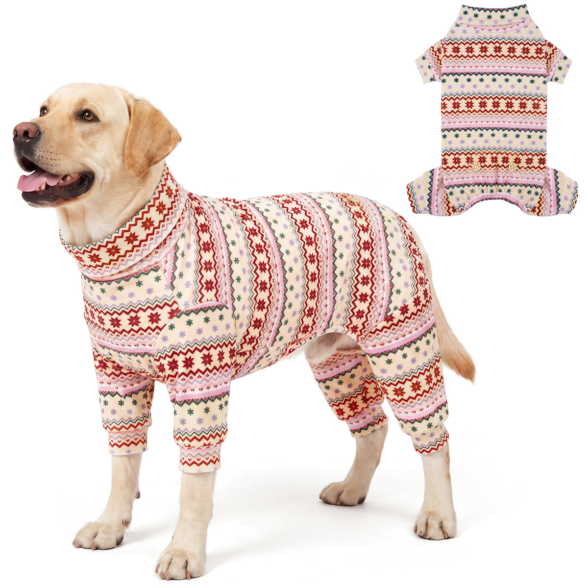 Pink Snowflake Dog Christmas Pajamas, cream and pink Fair Isle snowflake pattern, large dog wearing the four-leg pajamas