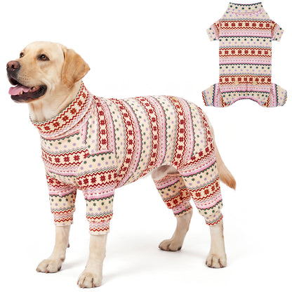 Pink Snowflake Dog Christmas Pajamas, cream and pink Fair Isle snowflake pattern, large dog wearing the four-leg pajamas
