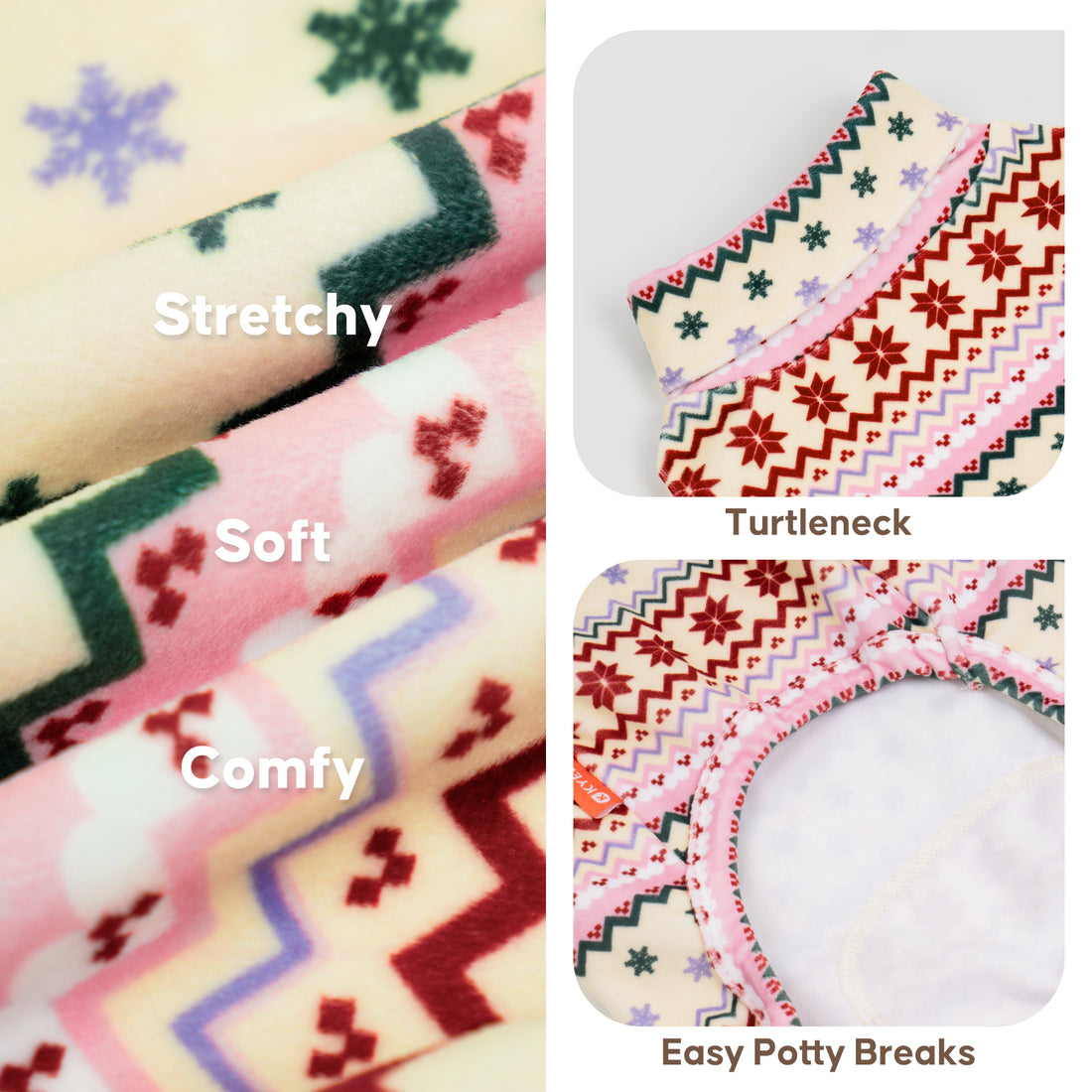 Pink Snowflake Dog Christmas Pajamas, cream and pink Fair Isle snowflake pattern, soft fabric, neckline and easy potty break details