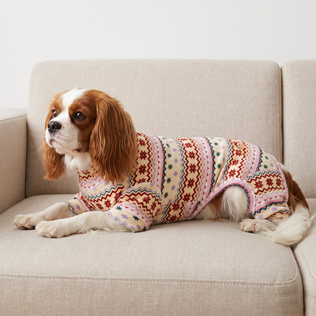 Pink Snowflake Dog Christmas Pajamas, cream and pink Fair Isle snowflake pattern, dog wearing the pajamas in a holiday or home setting