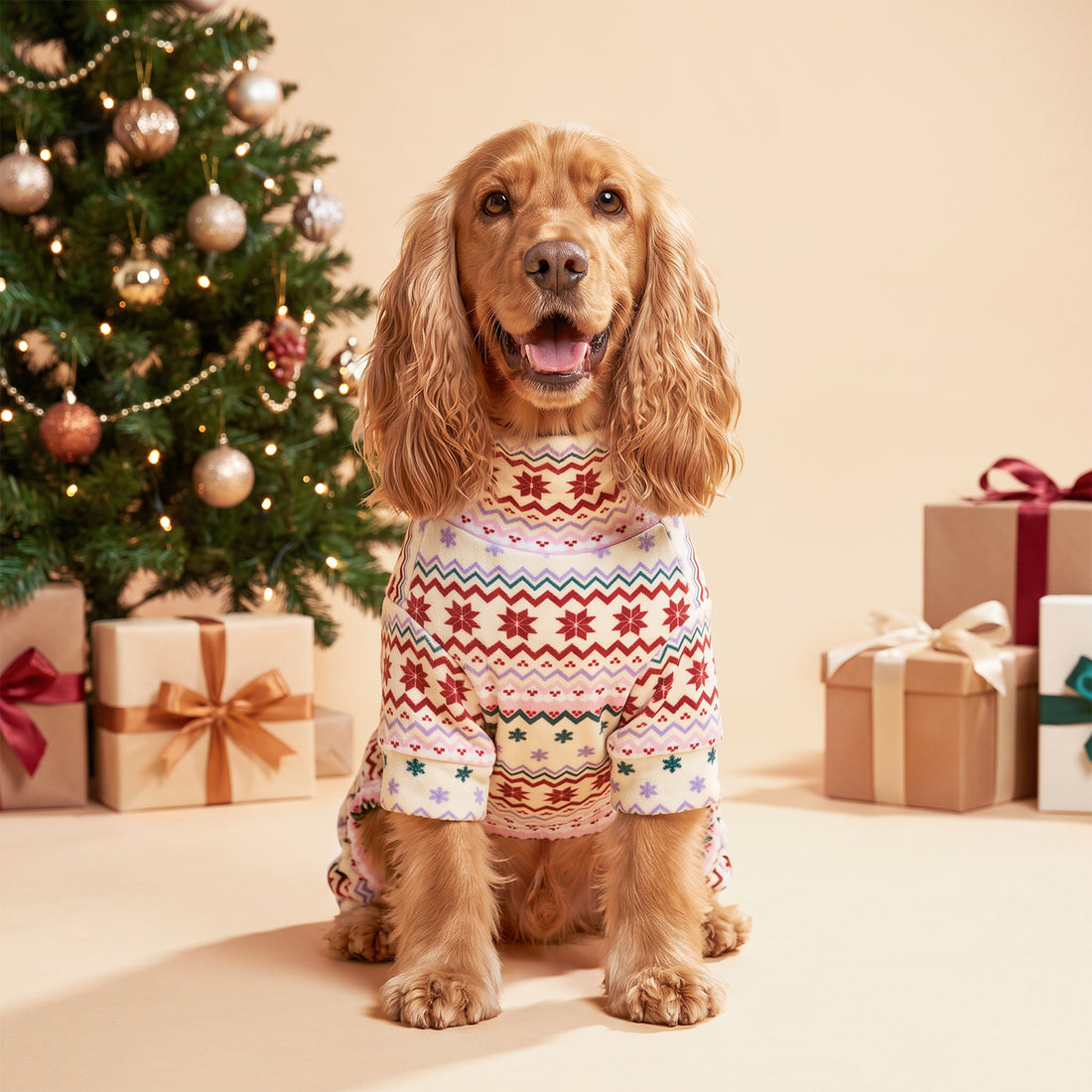 Pink Snowflake Dog Christmas Pajamas, cream and pink Fair Isle snowflake pattern, dog wearing the pajamas in a holiday or home setting