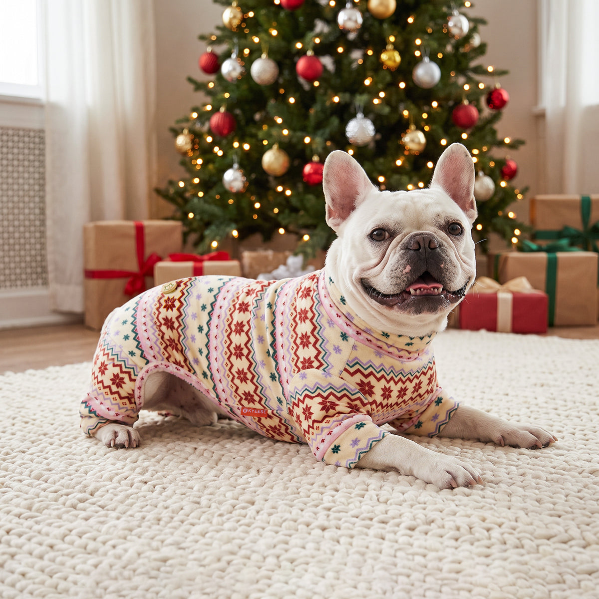 Pink Snowflake Dog Christmas Pajamas, cream and pink Fair Isle snowflake pattern, dog wearing the pajamas in a holiday or home setting