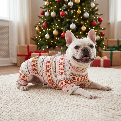 Pink Snowflake Dog Christmas Pajamas, cream and pink Fair Isle snowflake pattern, dog wearing the pajamas in a holiday or home setting