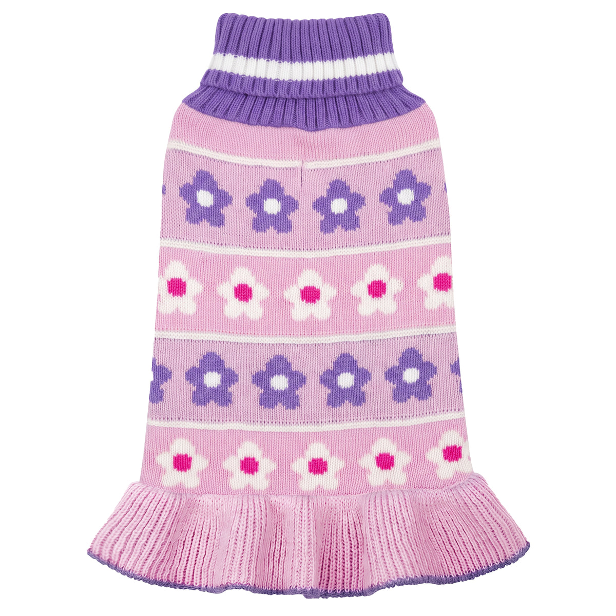 Purple floral dog sweater dress with pink base, ribbed collar and hem, flat lay