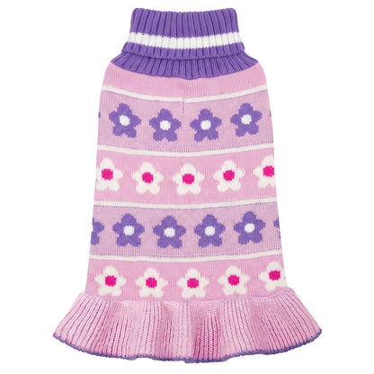 Purple floral dog sweater dress with pink base, ribbed collar and hem, flat lay