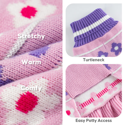 Close-ups of pink floral knit, purple turtleneck and dress underside