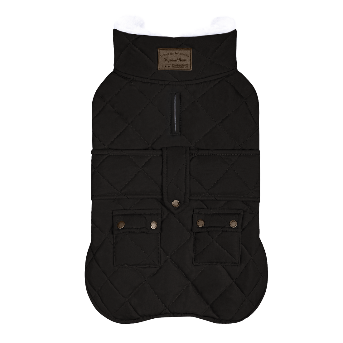 Black quilted fleece-lined winter dog coat flat lay with two flap pockets and black binding