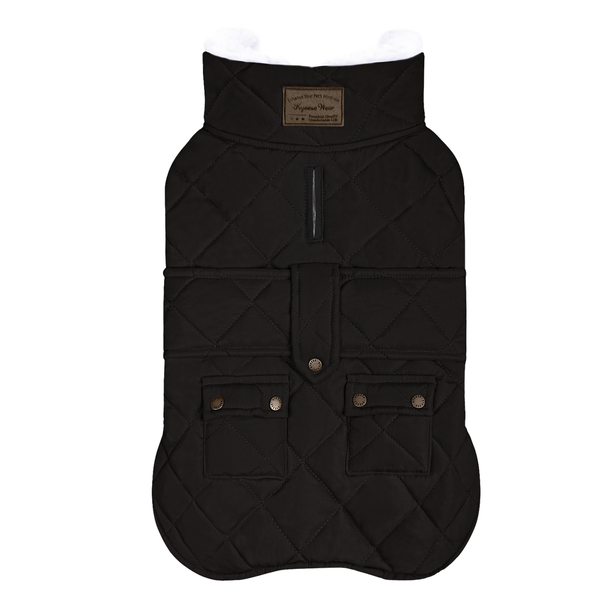 Black quilted fleece-lined winter dog coat flat lay with two flap pockets and black binding