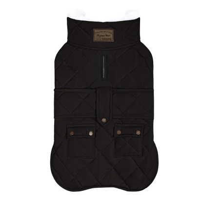 Black quilted fleece-lined winter dog coat flat lay with two flap pockets and black binding