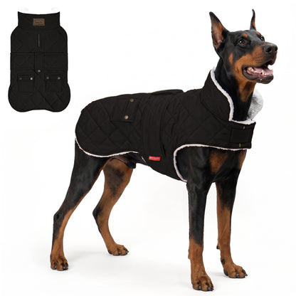 Black quilted winter dog coat shown on a large Doberman with a flat lay