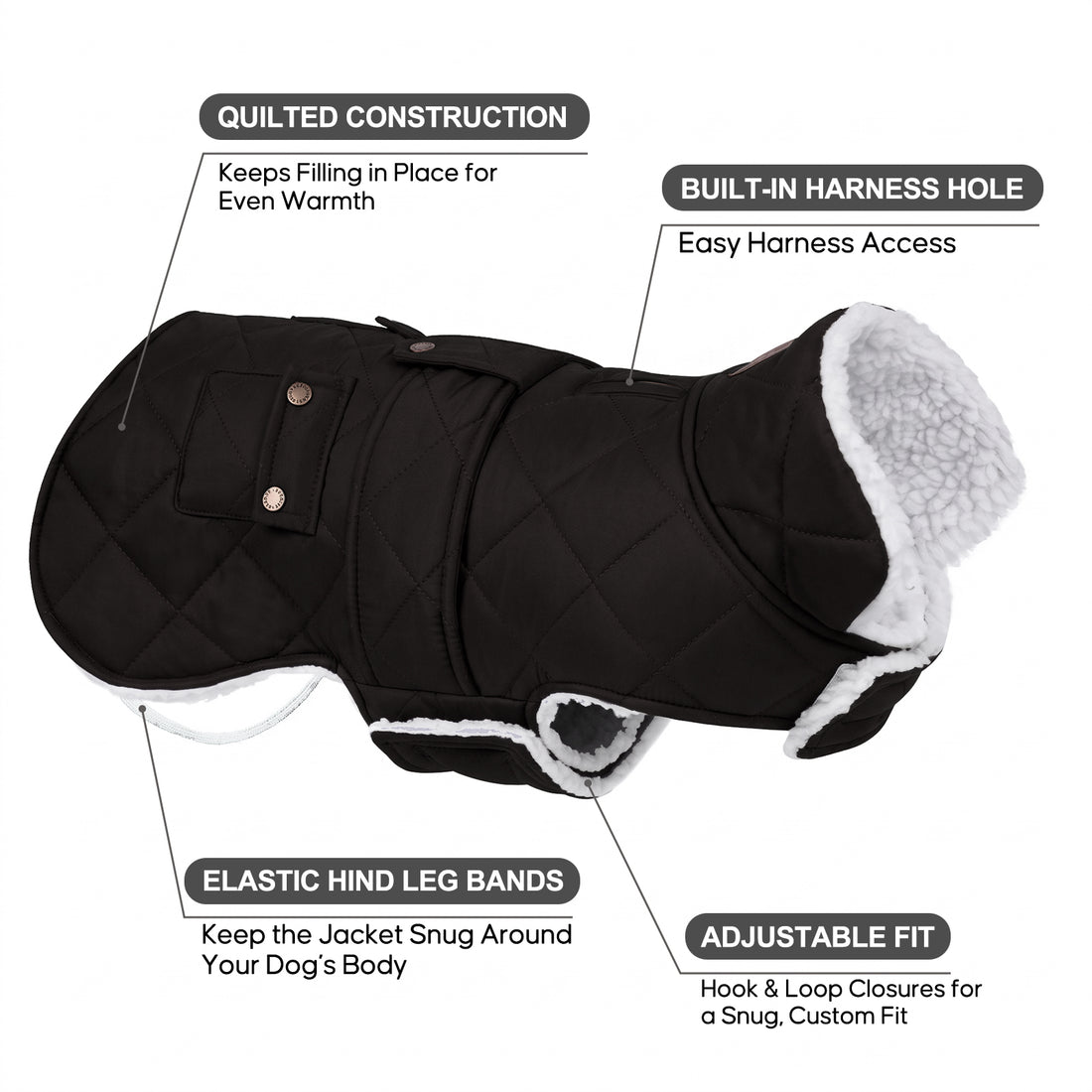 Black dog coat details showing harness opening, elastic rear bands and adjustable hook-and-loop closure
