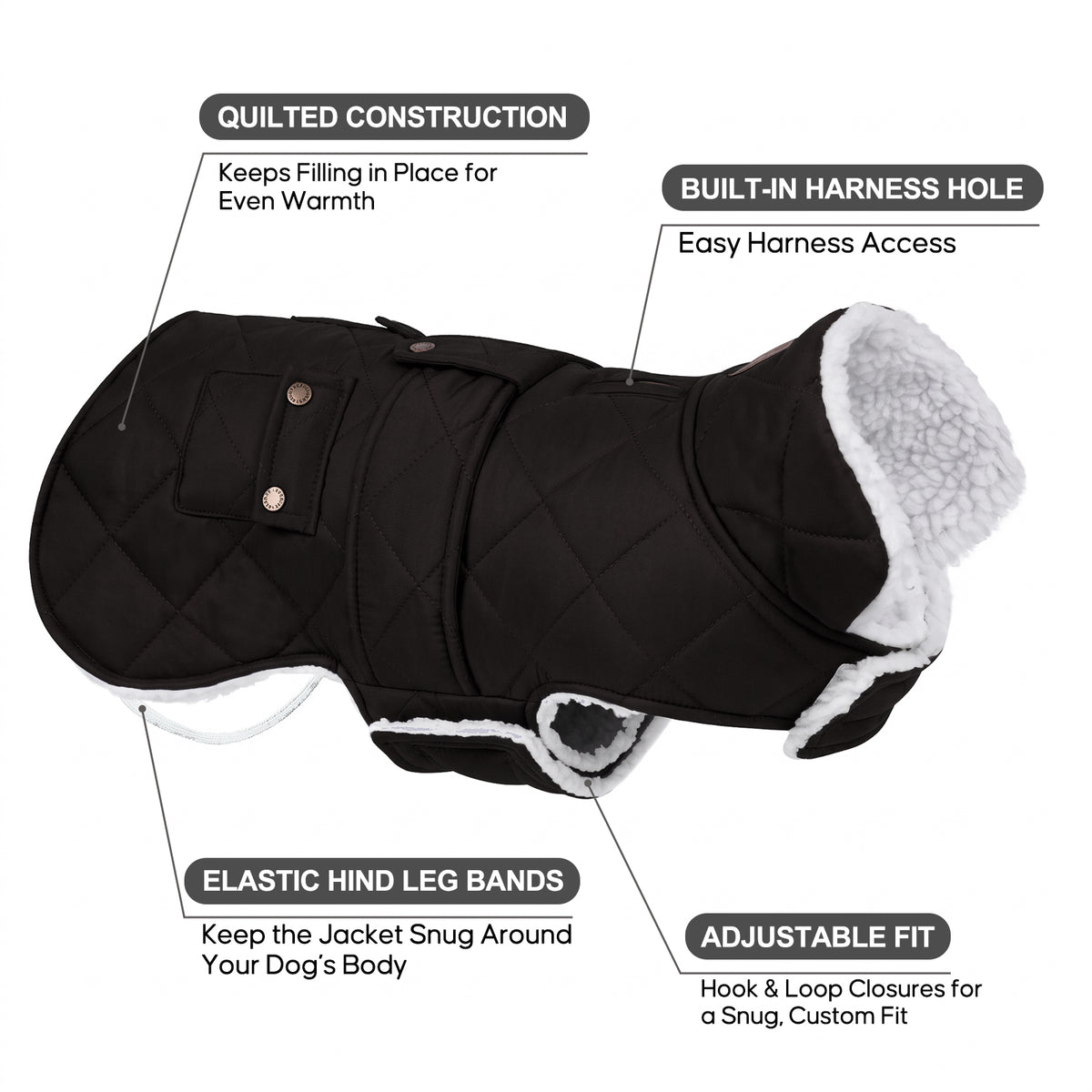 Black dog coat details showing harness opening, elastic rear bands and adjustable hook-and-loop closure