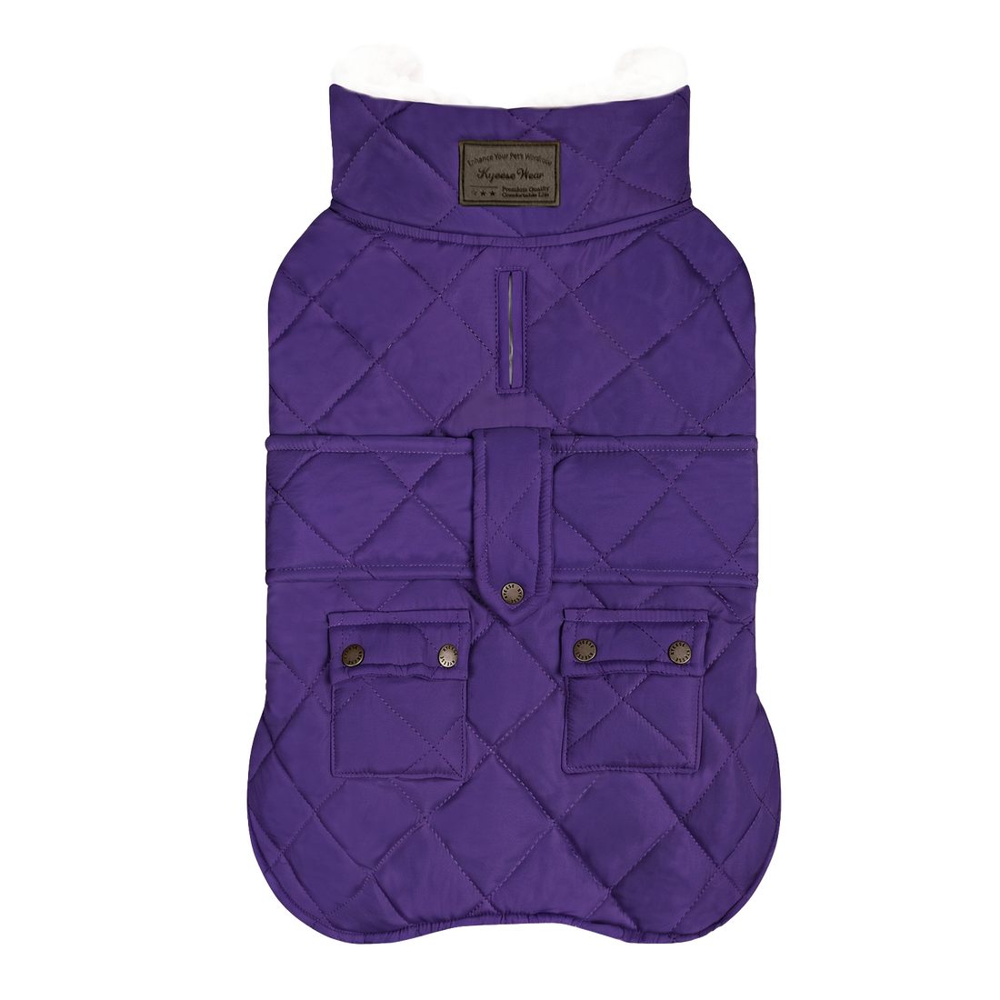 Purple quilted fleece-lined winter dog coat flat lay with two flap pockets and black binding