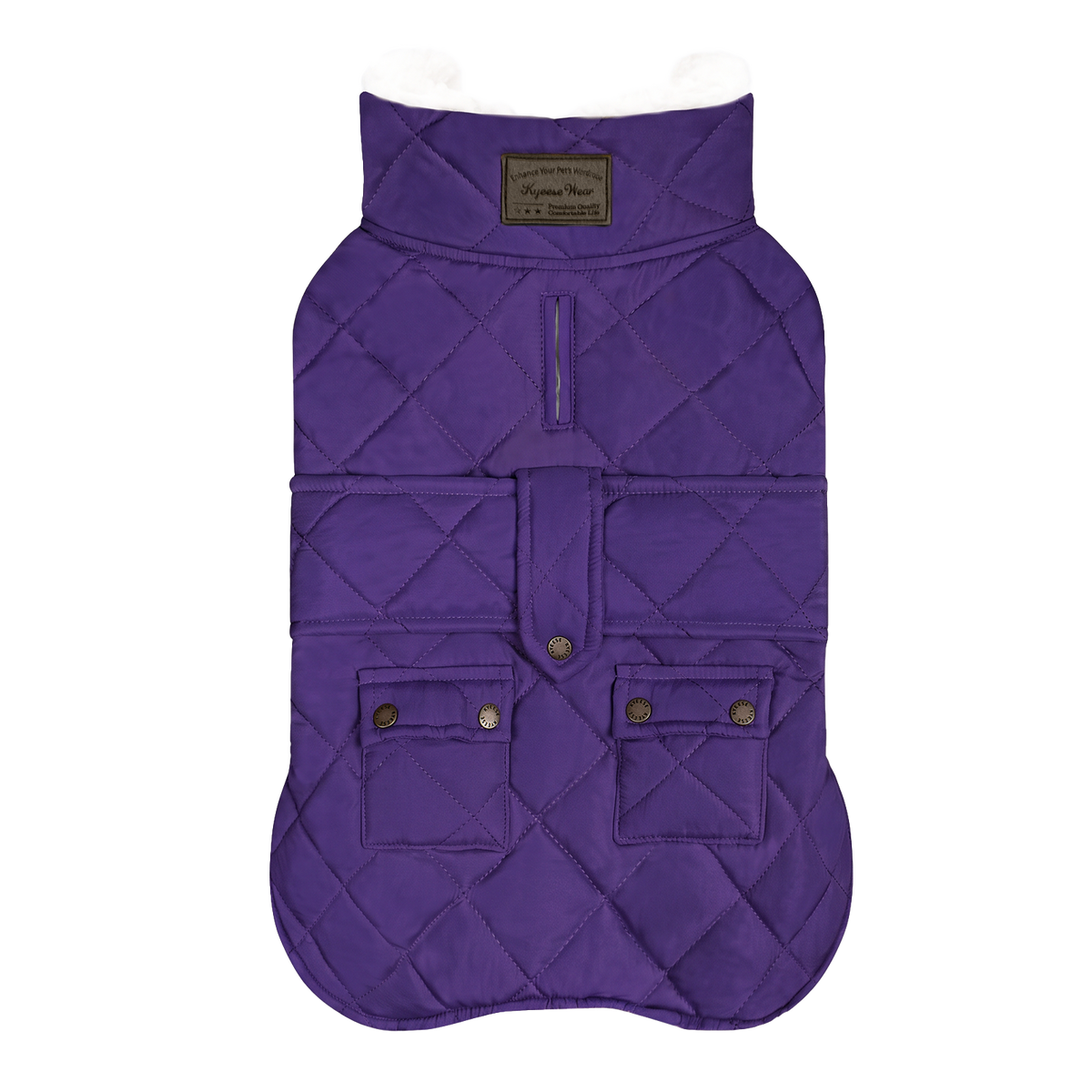 Purple quilted fleece-lined winter dog coat flat lay with two flap pockets and black binding