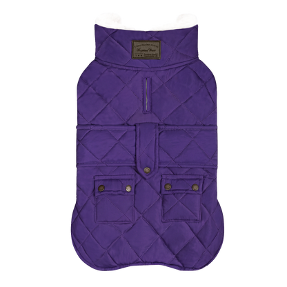 Purple quilted fleece-lined winter dog coat flat lay with two flap pockets and black binding