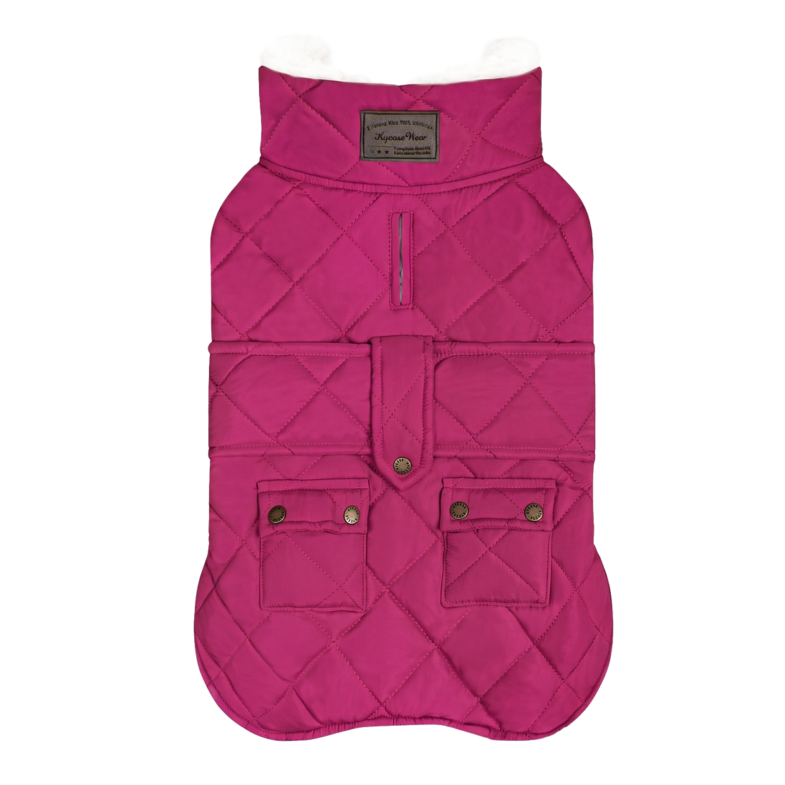 Rose Red quilted fleece-lined winter dog coat flat lay with two flap pockets and black binding