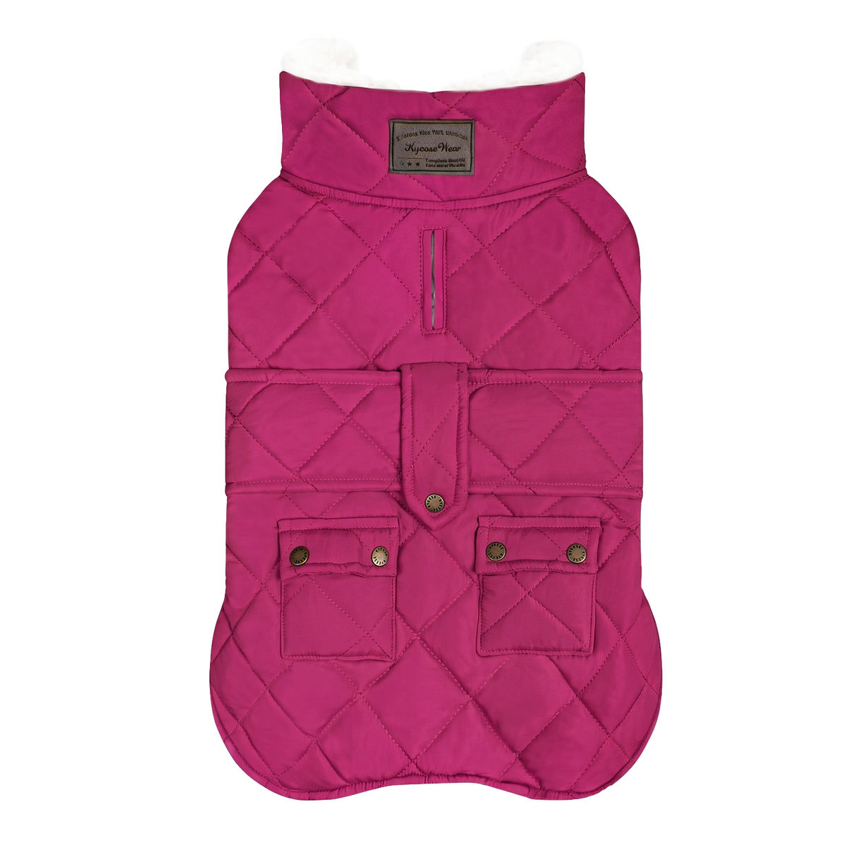 Rose Red quilted fleece-lined winter dog coat flat lay with two flap pockets and black binding