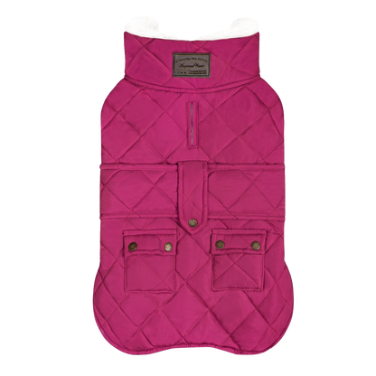 Rose Red quilted fleece-lined winter dog coat flat lay with two flap pockets and black binding