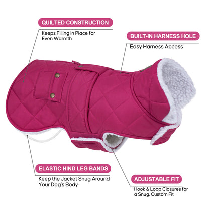 Rose Red dog coat details showing harness opening, elastic rear bands and adjustable hook-and-loop closure
