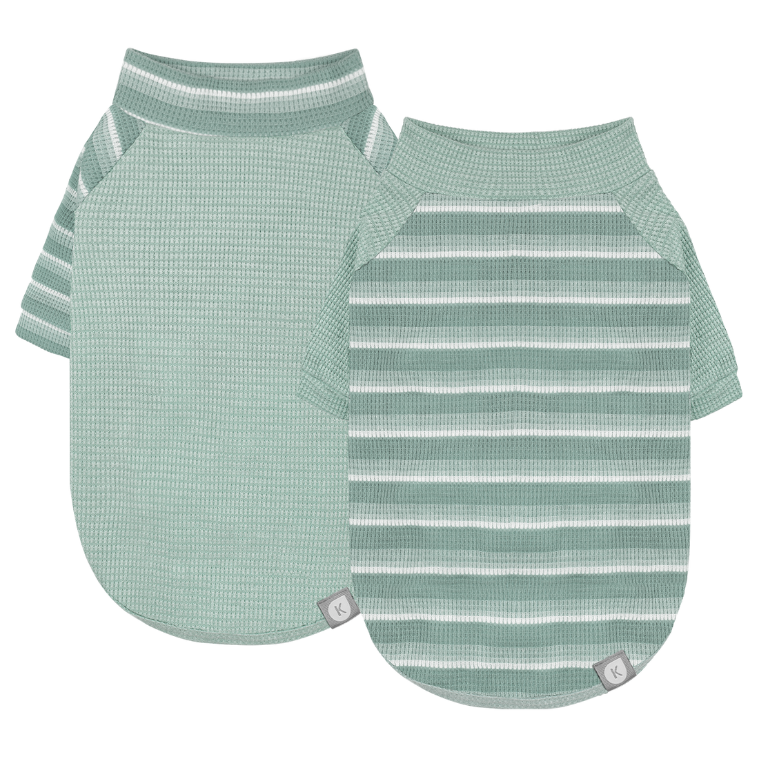 Green waffle raglan dog shirt 2 pack - solid and striped shirts laid flat