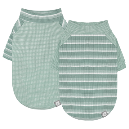 Green waffle raglan dog shirt 2 pack - solid and striped shirts laid flat