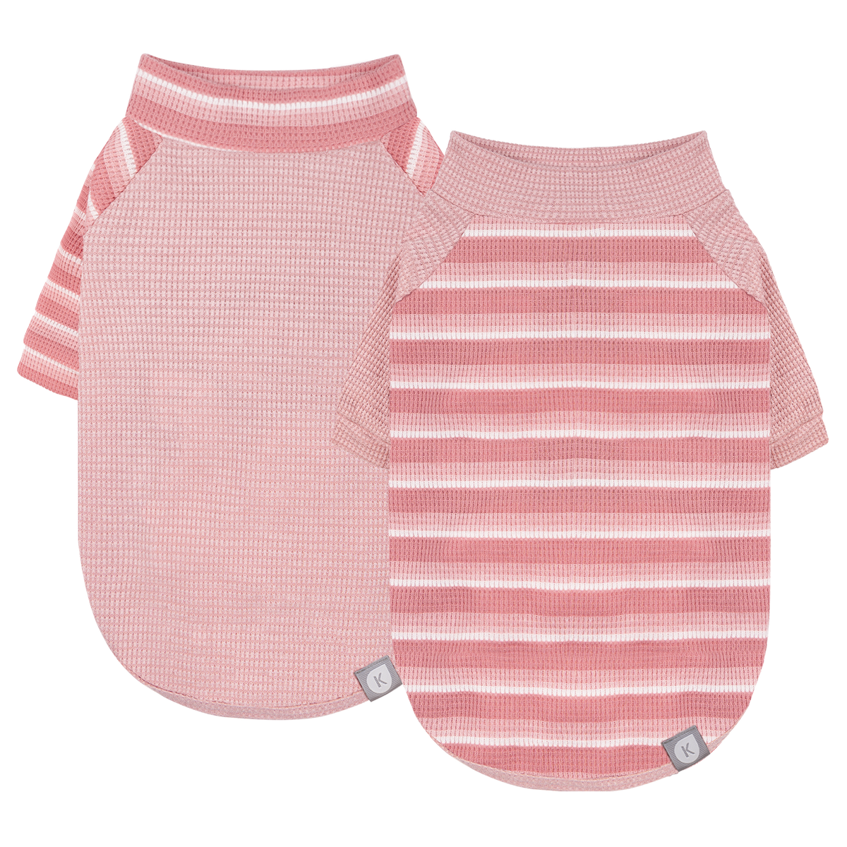 Pink waffle raglan dog shirt 2 pack - solid and striped shirts laid flat