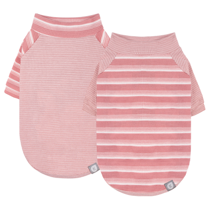 Pink waffle raglan dog shirt 2 pack - solid and striped shirts laid flat