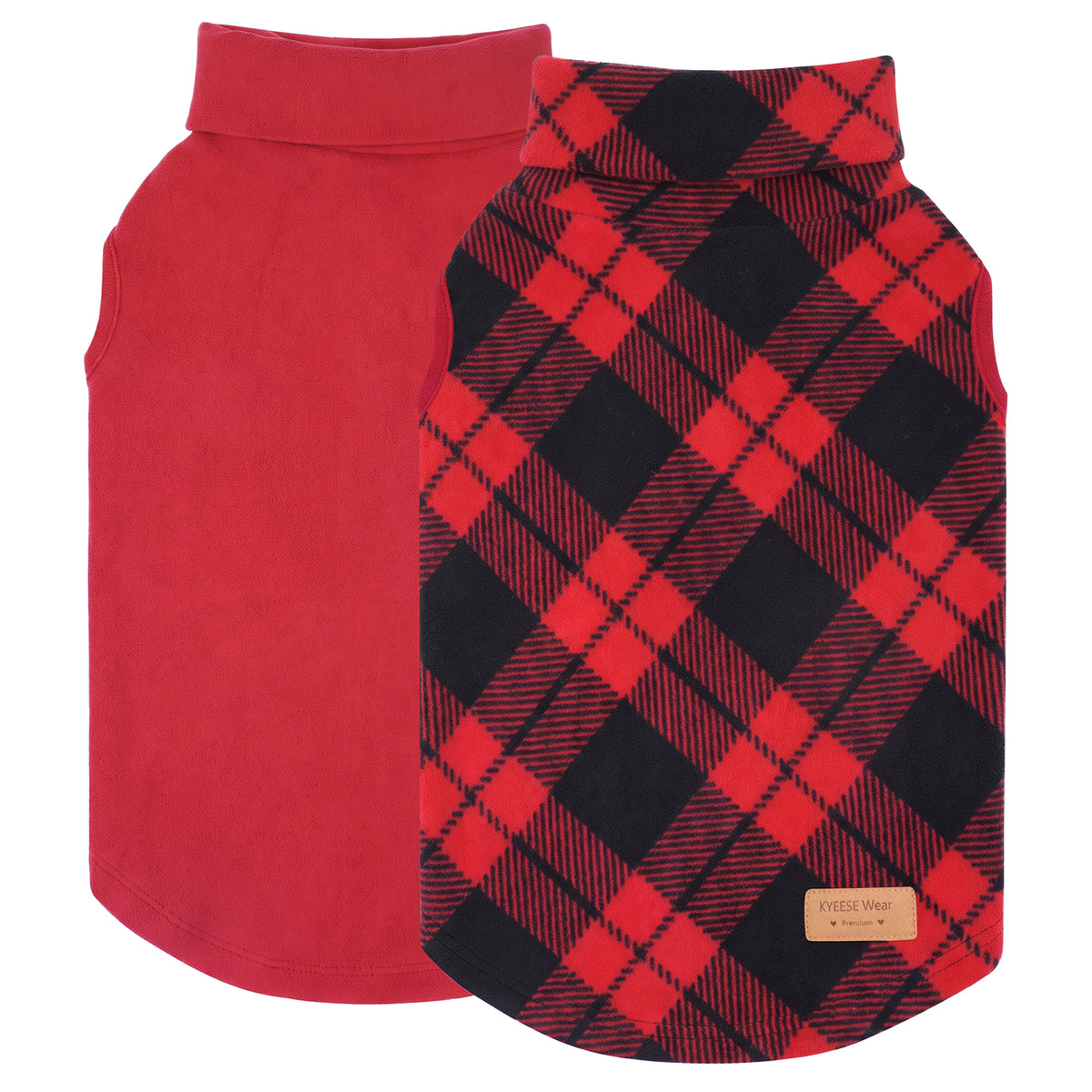 Red plaid dog sweater 2 pack with solid red and black checkered sleeveless tops, flat lay