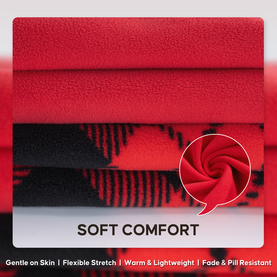 Folded red and black plaid velvet fabric beside solid red fabric swatches