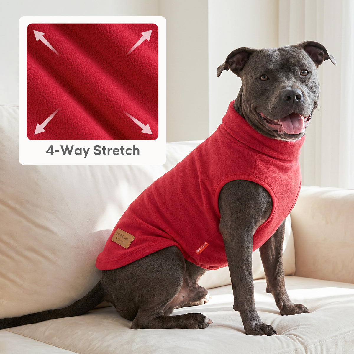 Gray dog sitting on a sofa in solid red high neck dog top