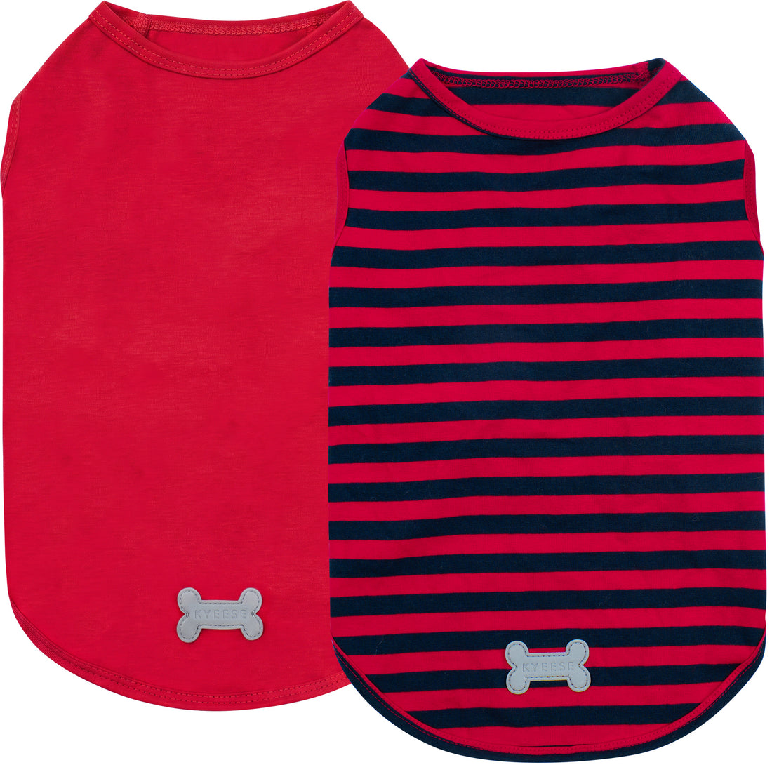 Red sleeveless dog shirt and navy striped dog shirt 2 pack, flat lay