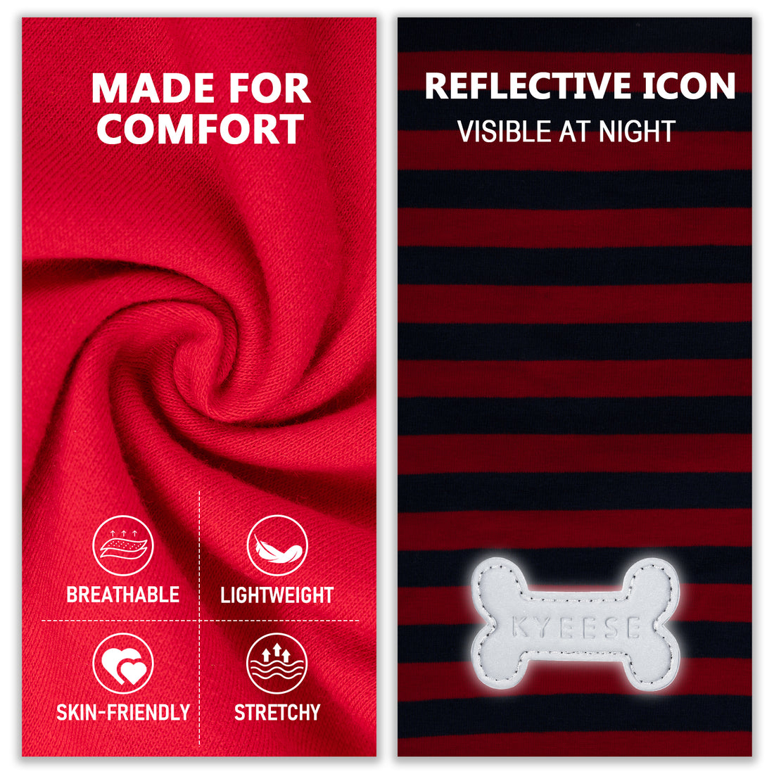 Red knit fabric and reflective bone logo shown beside striped shirt fabric