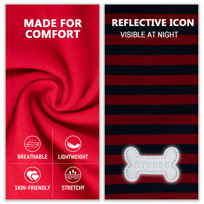Red knit fabric and reflective bone logo shown beside striped shirt fabric