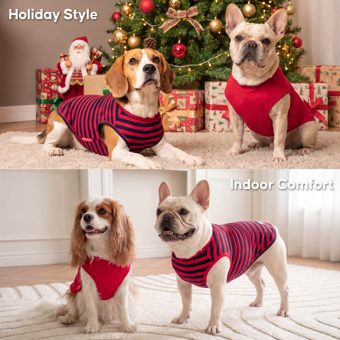 Collage of dogs wearing solid red and navy striped sleeveless shirts indoors