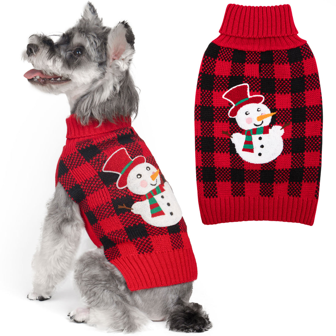 Dog sweater in red and black plaid with snowman applique, shown from side and front