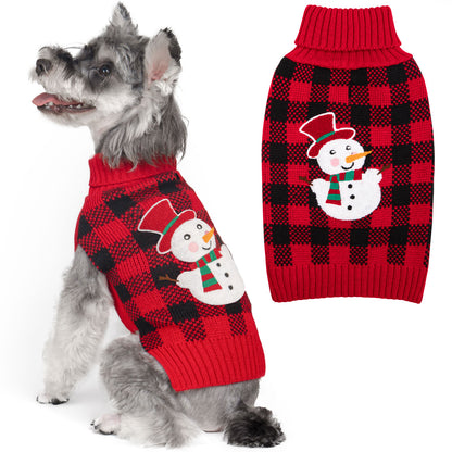 Dog sweater in red and black plaid with snowman applique, shown from side and front