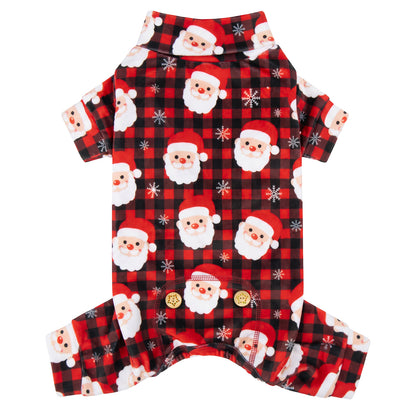 Santa Buffalo Plaid Dog Christmas Pajamas, Santa faces on red and black buffalo plaid, four-leg pajama flat lay