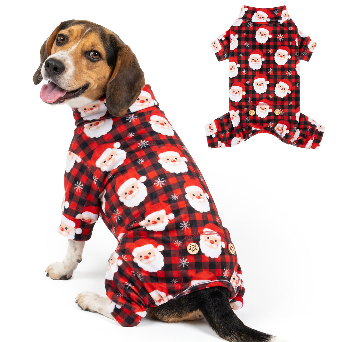 Santa Buffalo Plaid Dog Christmas Pajamas, Santa faces on red and black buffalo plaid, dog wearing the four-leg pajamas on a white background