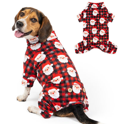 Santa Buffalo Plaid Dog Christmas Pajamas, Santa faces on red and black buffalo plaid, dog wearing the four-leg pajamas on a white background