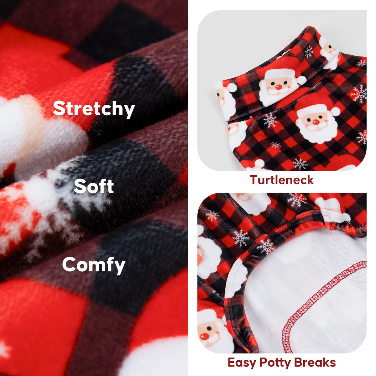Santa Buffalo Plaid Dog Christmas Pajamas, Santa faces on red and black buffalo plaid, soft fabric, neckline and easy potty break details